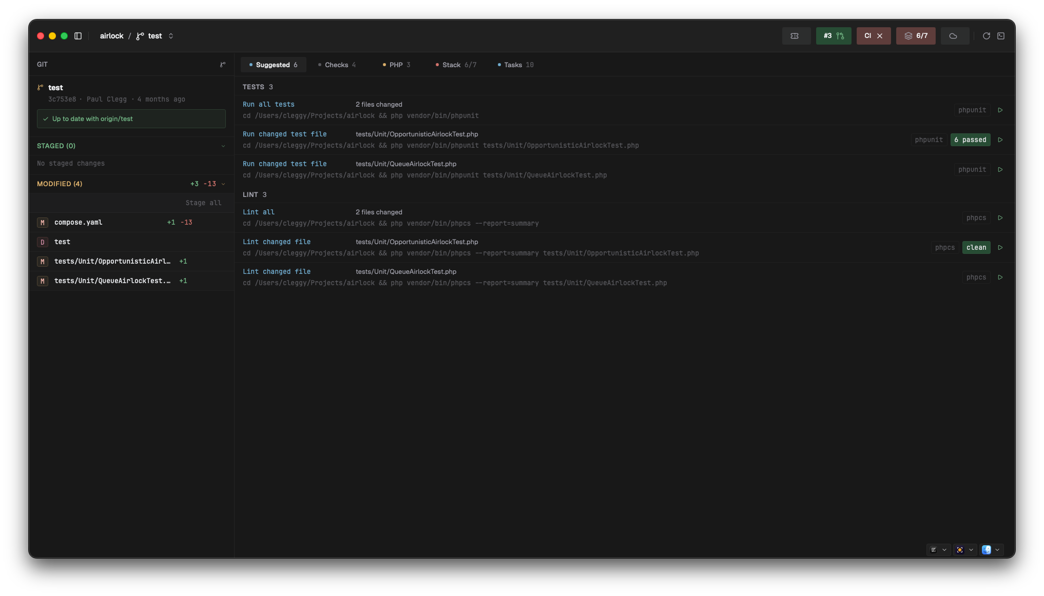 Suggested test and lint actions for the changed files