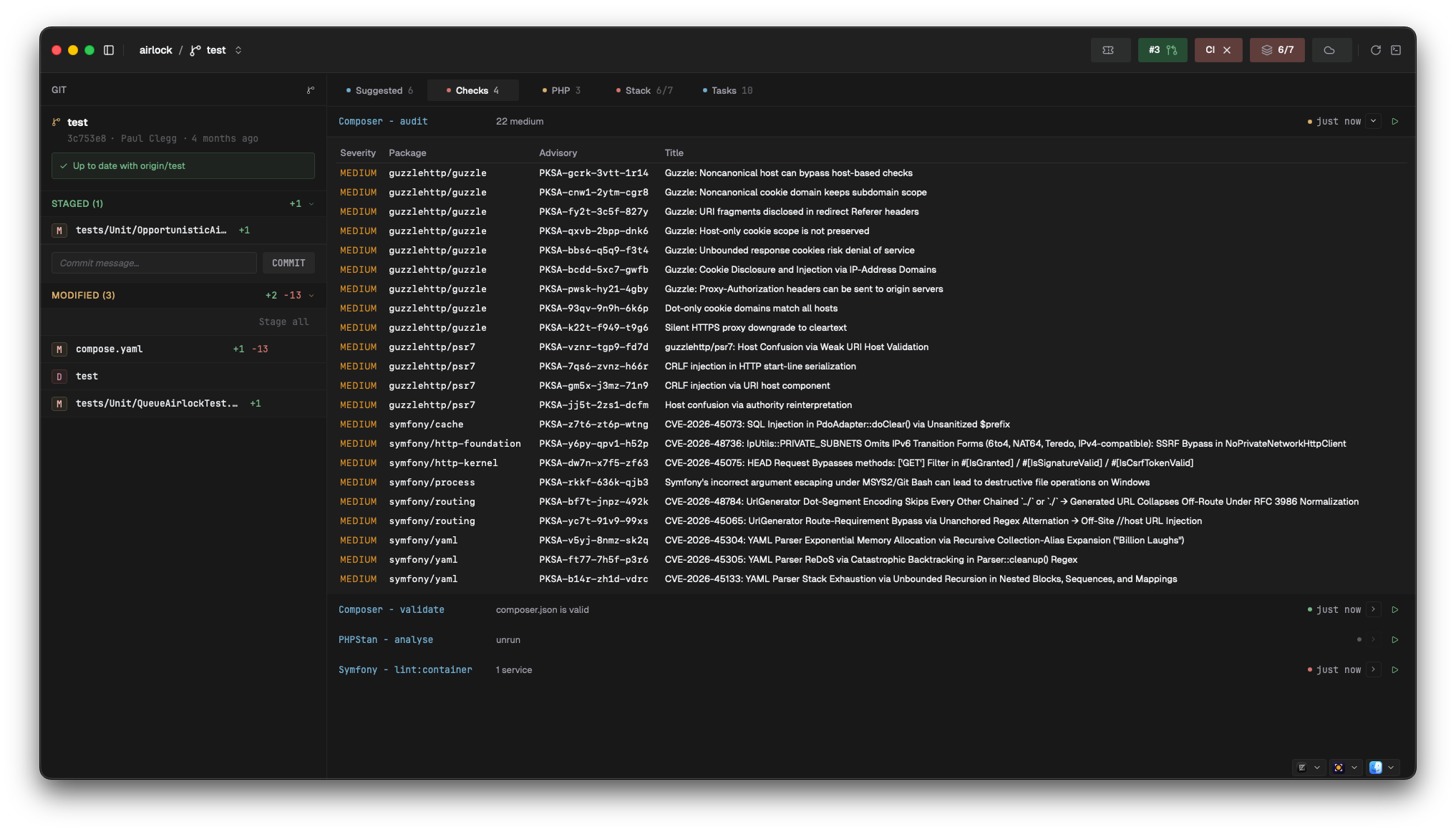 The Checks tab with composer audit expanded