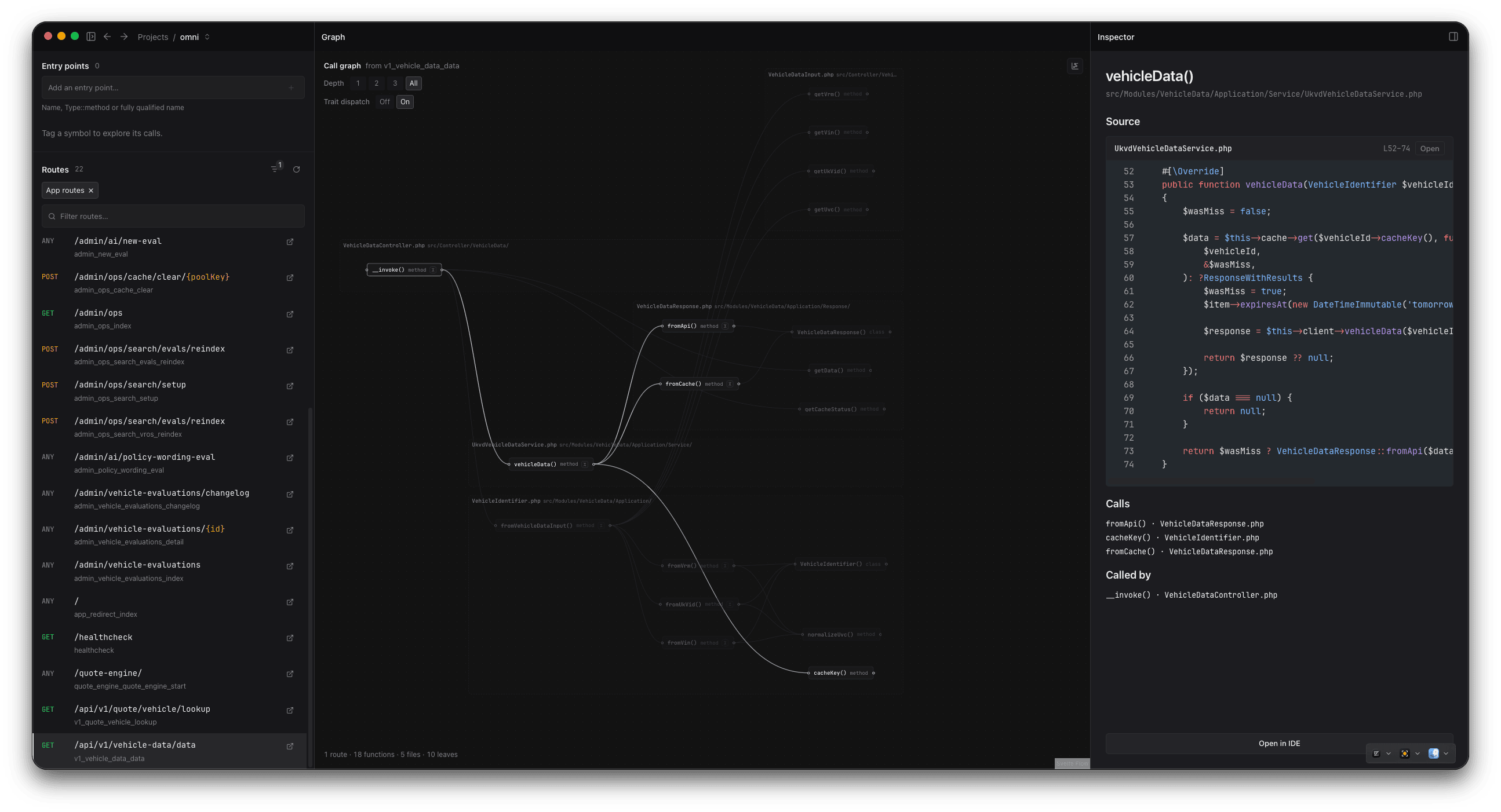 A route walked through the call graph, with source and callers in the inspector