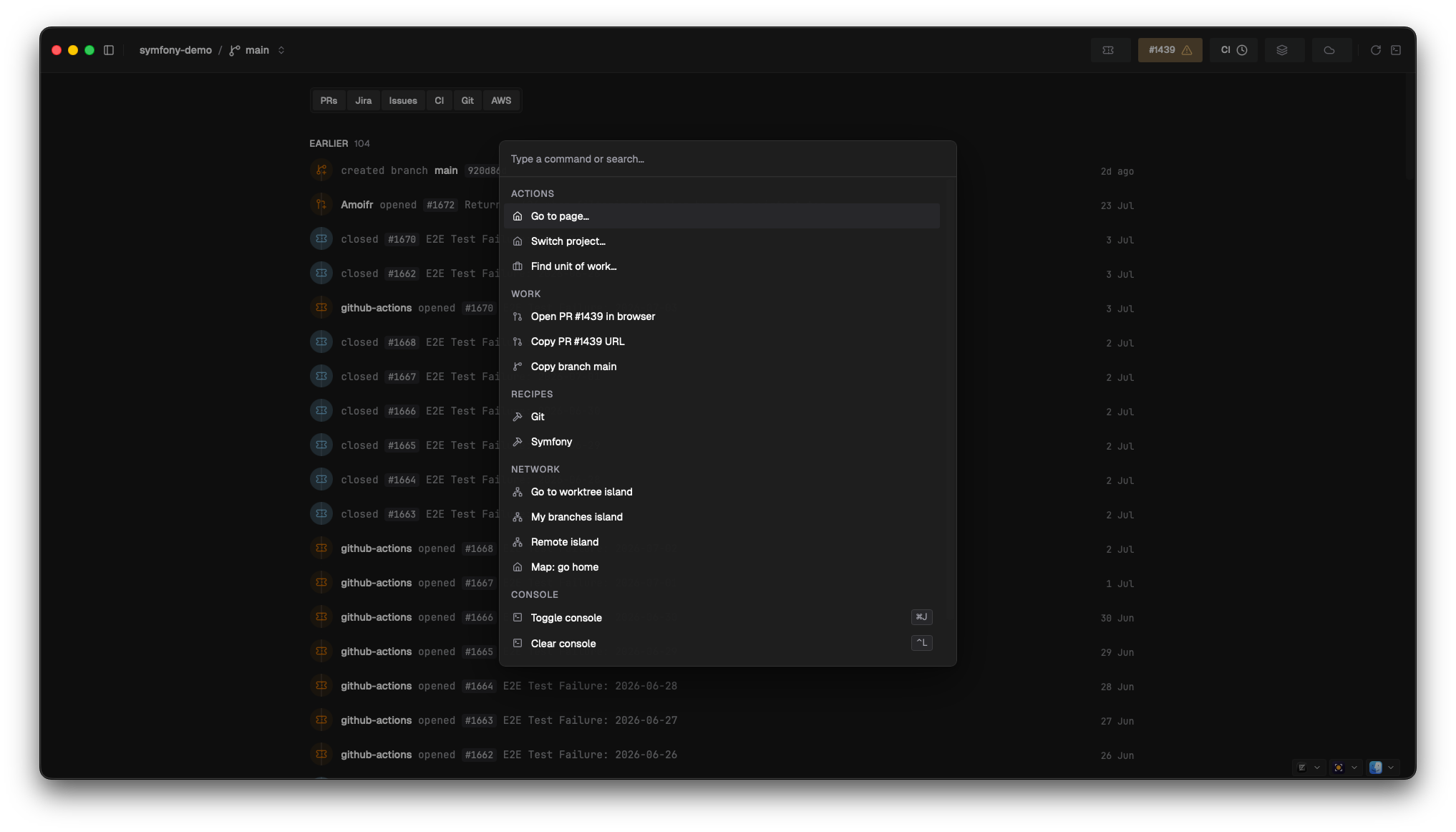The command palette open showing its groups