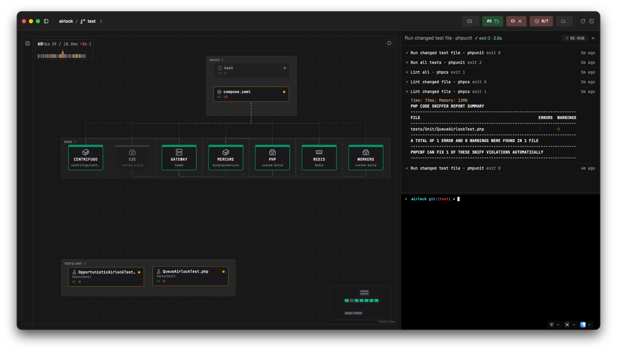 The console pane with run history and a terminal