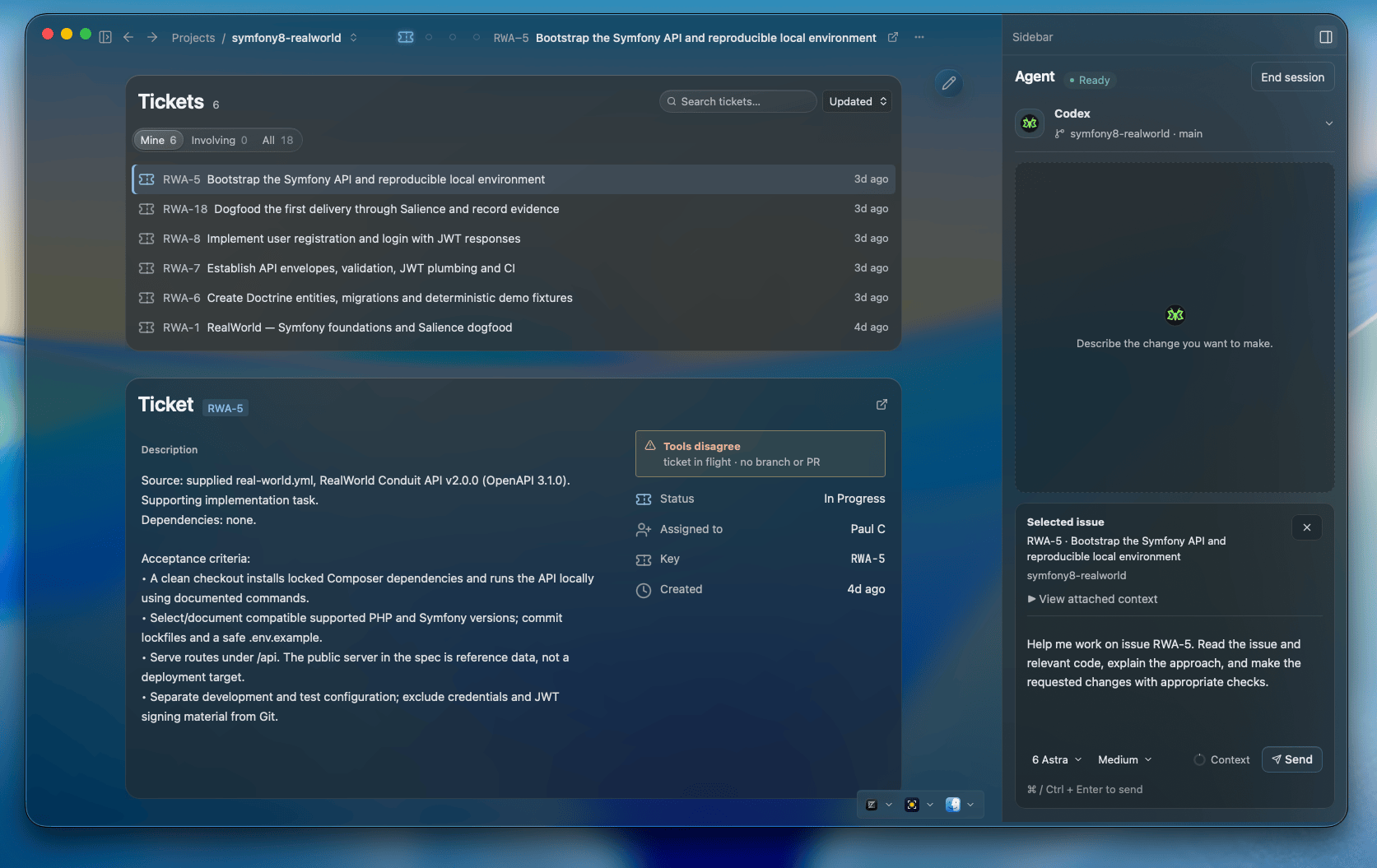 A dashboard with a ticket list and ticket detail, and an agent session in the sidebar