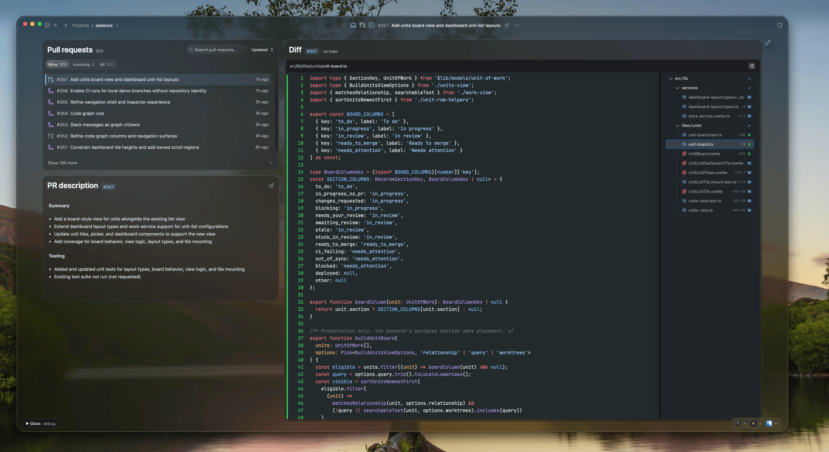 A dashboard with a pull request list, PR description and a diff viewer
