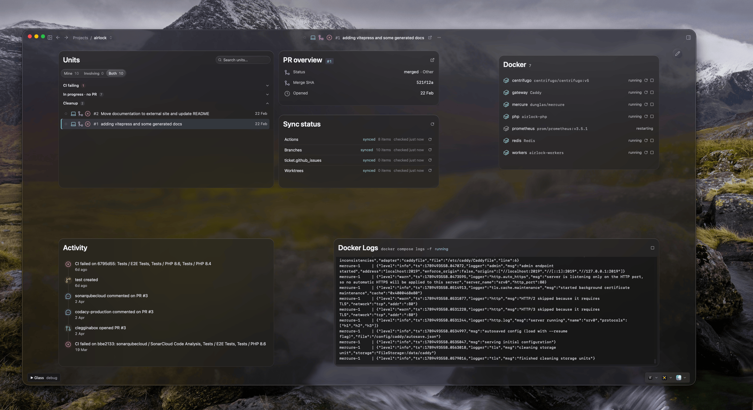 A dashboard with units, PR overview, sync status, Docker containers and compose logs