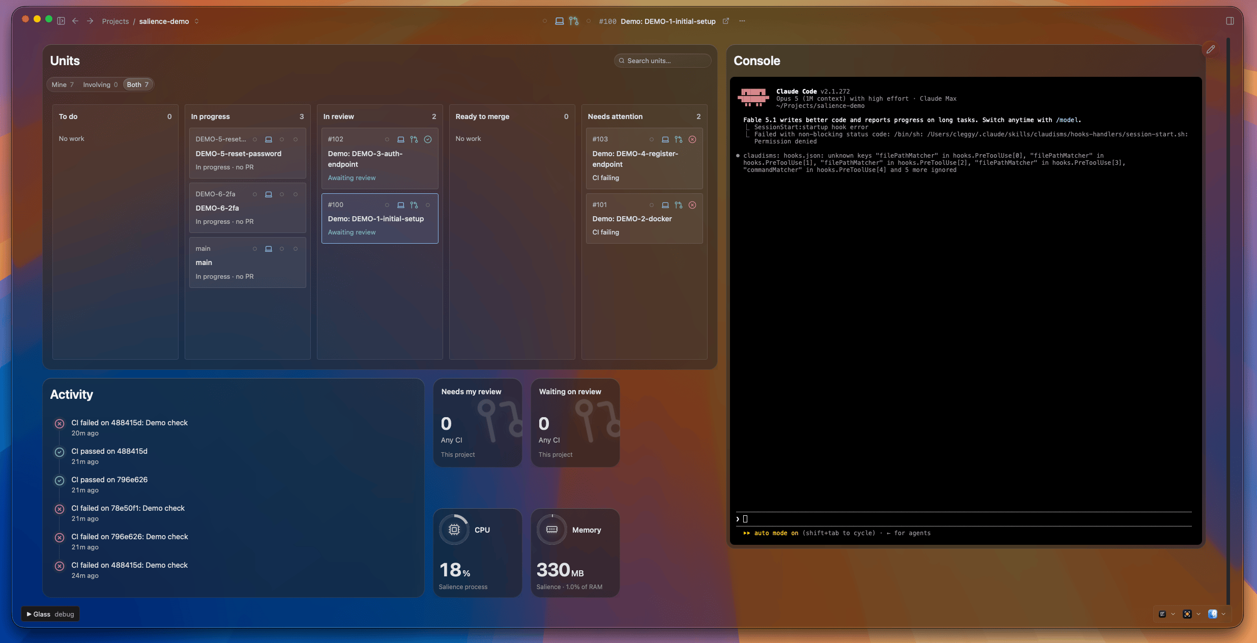 A dashboard with a units board, activity feed, review counters, resource tiles and a console
