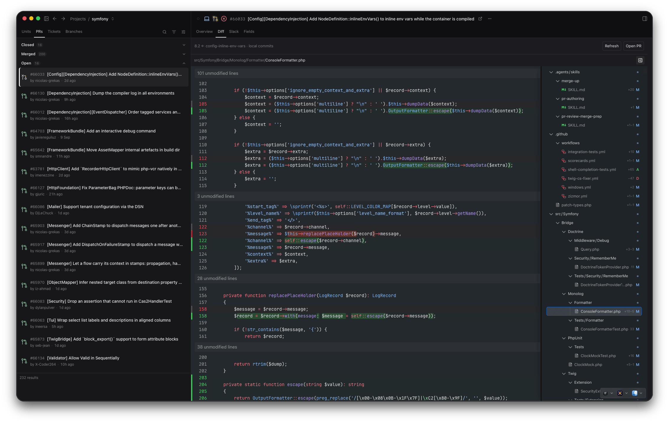 A pull request's Diff tab with an inline diff and the changed-file tree