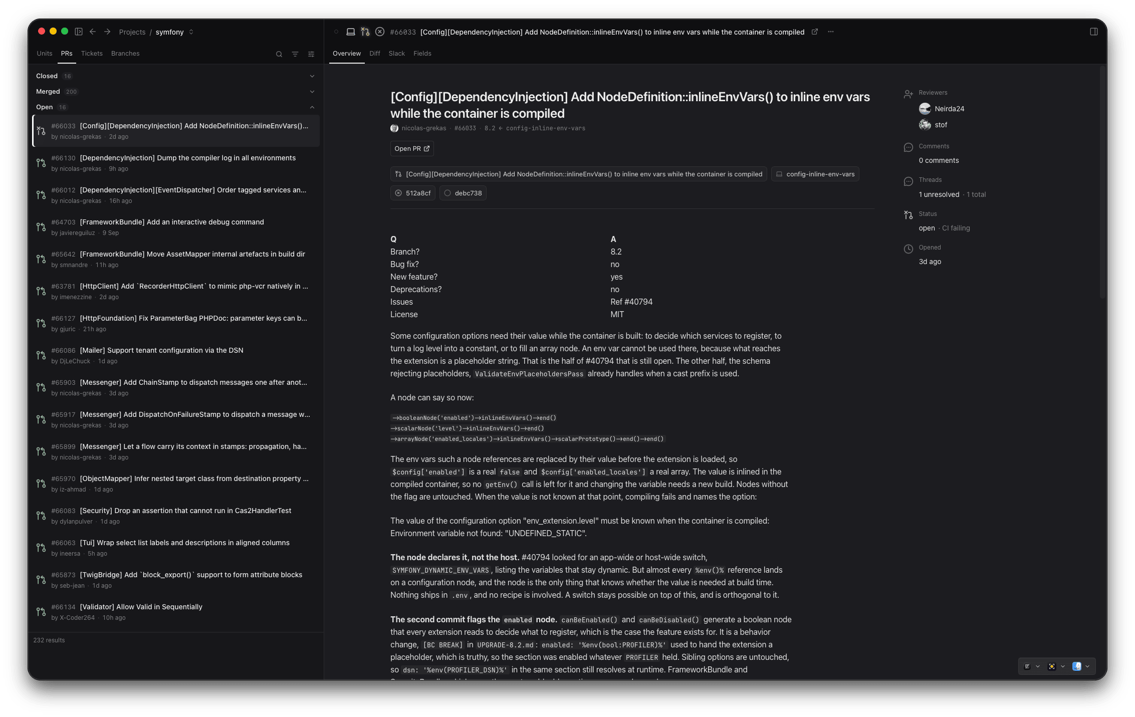 A pull request's overview: description, reviewers, comments, threads and status