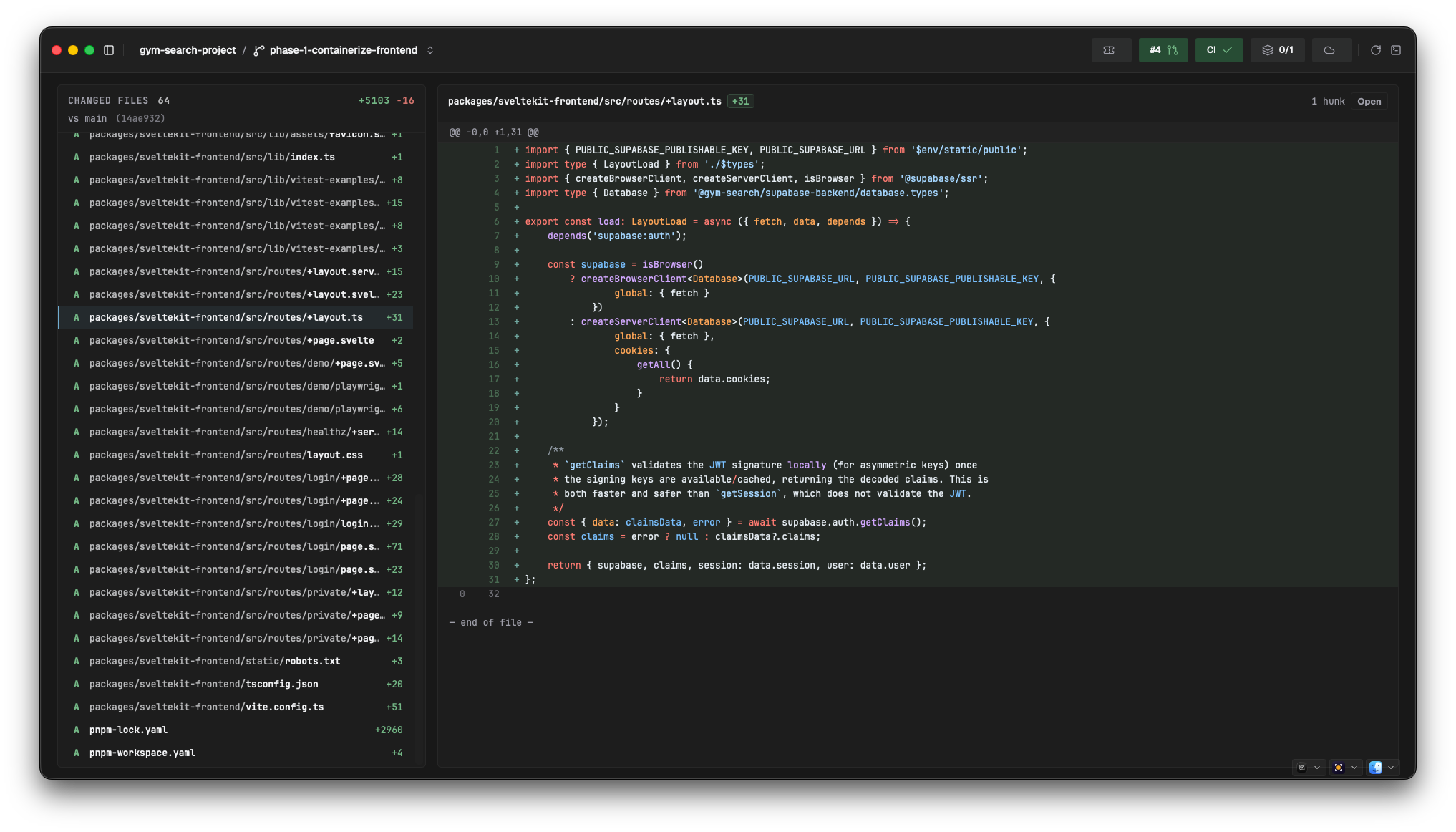 The review page with changed files and an inline diff