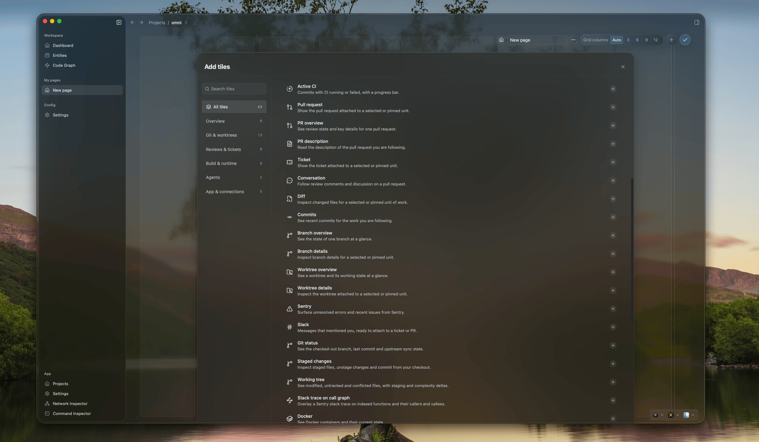 The Add tiles dialog listing tiles by category