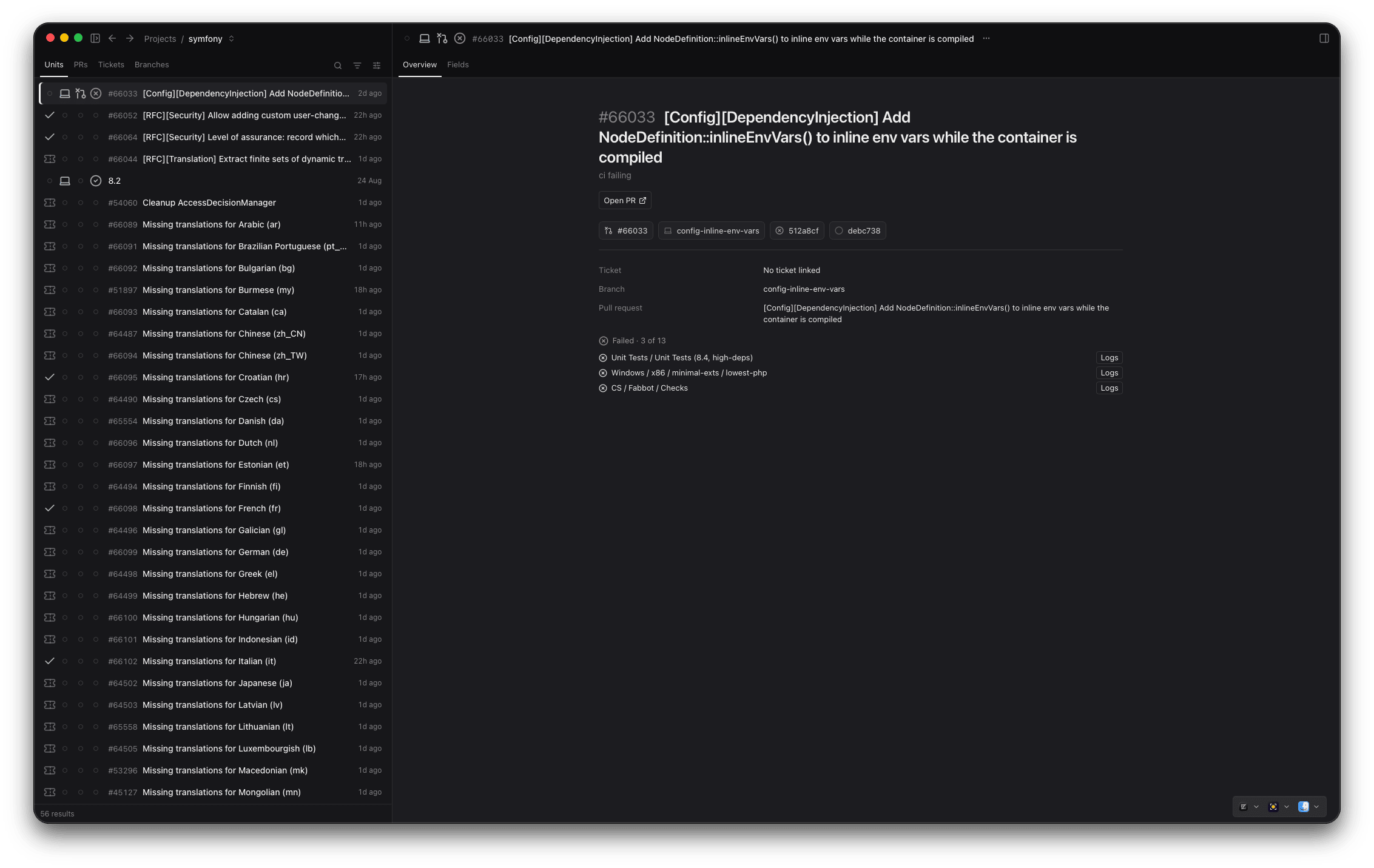A unit of work: linked branch, PR and failing CI checks, with logs one click away